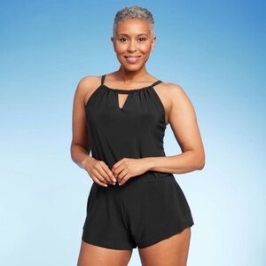 Aqua Green Swim Romper Black Modest One Piece Swimsuit Size Large